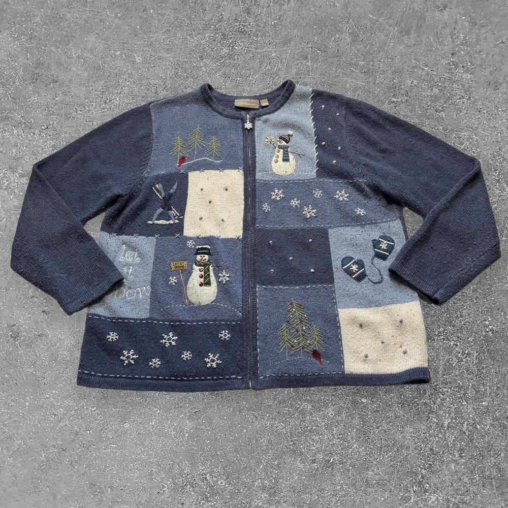 Vintage Croft & Barrow Womens Large Christmas Patchwork Zip Sweater Navy 90s